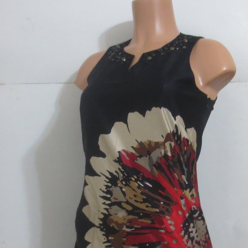 Laundry By Shelli Segal black artsy floral 90s style Dress Beads Neckline  0